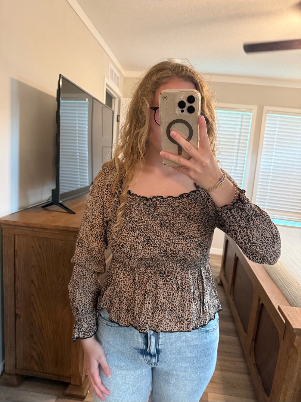 Smocked Long-Sleeve Peplum Top — Brown Leopard Print
-Size S